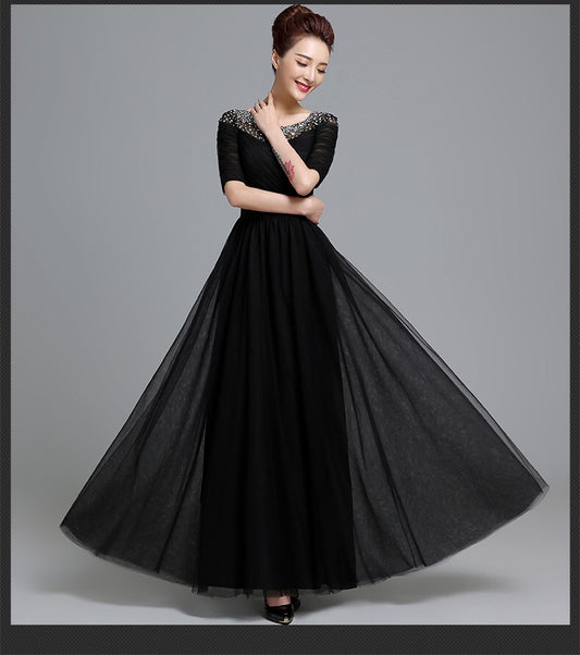 renata ロングドレス (着丈 サイズオーダー可能) オーダーメイド Aラインドレス サテンドレス 五分袖ドレス パールネックライン 体型補整 美シルエット 透明感 上質素材 高級感 ホテルディナー フォーマルシーン 日本人女性向け (ブラック)