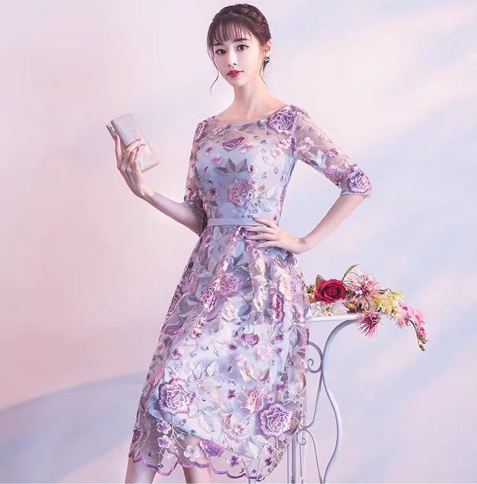 aaron ミディアムドレス パープル S M L XL XXL 即日発送 即納 結婚式 パーティードレス 体型カバー 小柄  ゆったり マタニティ ブラジャー 20代 30代 40代 50代 ブランド ワンピース シャンパン 夏 持ち運び