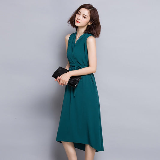 rachele レッドドレス (着丈 サイズオーダー可能) オーダーメイド ミディ丈ドレス ノースリーブドレス ウエストリボン ラップ風デザイン 美シルエット 体型補整 大人可愛い 高級感 セミフォーマル ホテルランチスタイル (グリーン)