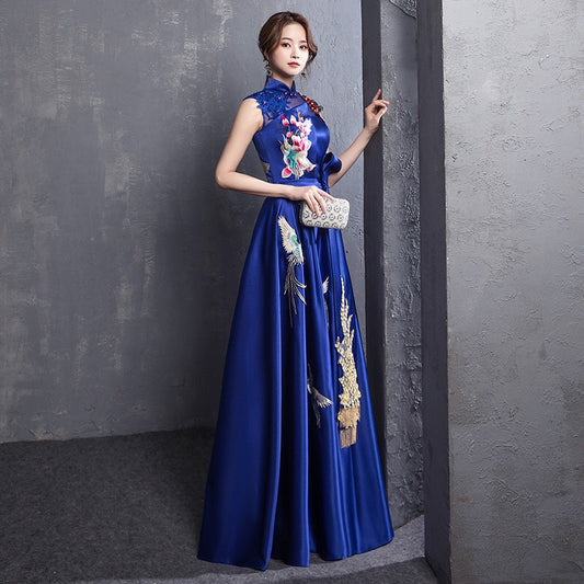 majar チャイナドレス (着丈 サイズオーダー可能) オーダーメイド マーメイドドレス ロングドレス レッドドレス 刺繍入りドレス 立ち襟 サテン素材 体型補整 高級感 クラシカルエレガンス ホテルレセプション 東洋美 (ネイビー)