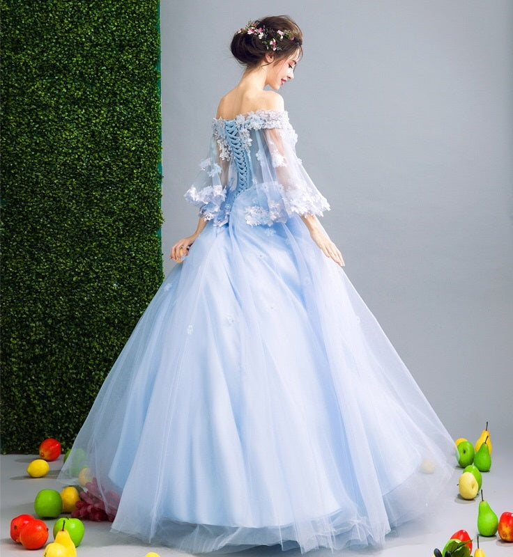 wisteria Aラインドレス (着丈 サイズオーダー可能) オーダーメイド ロングドレス チュールドレス レース刺繍 オフショルダー 上質素材 透明感 優美シルエット 体型補整 大人上品 ホテルラウンジ 特別な夜 フォーマル ラグジュアリー (水色)XS S M L XL XXL XXXL