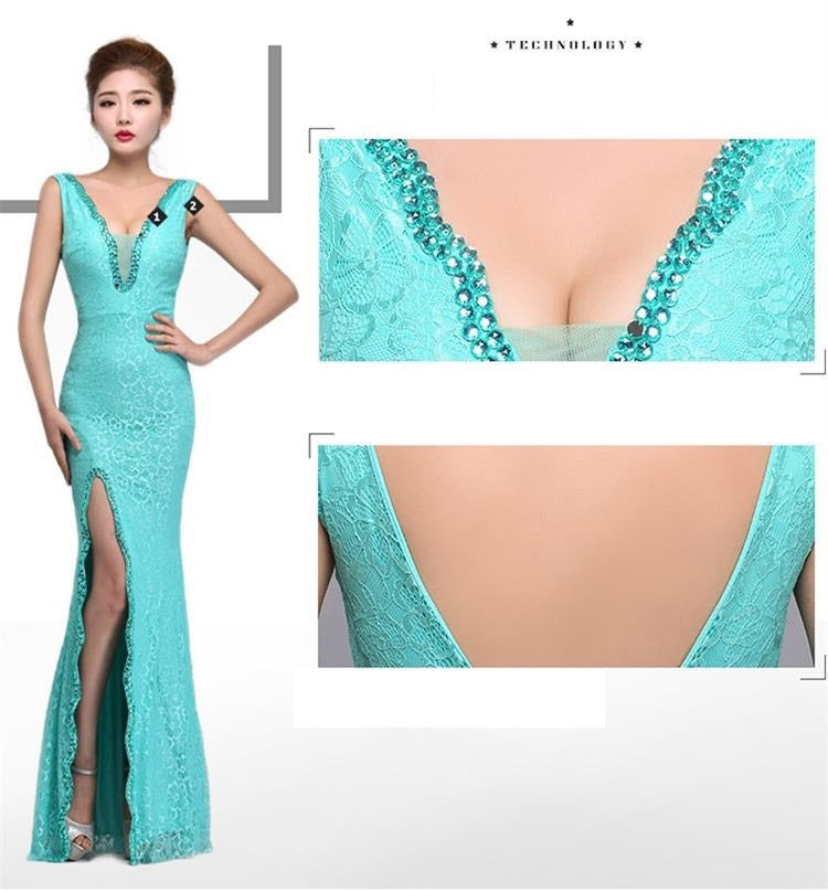 yolanda マーメイドドレス (着丈 サイズオーダー可能) オーダーメイド ロングドレス スリットドレス ノースリーブドレス Vネックデザイン レース素材 上質生地 美シルエット 体型補整 高級感 透明感 ホテルディナー フォーマル ラグジュアリー (グリーン)XS S M L XL XXL XXXL