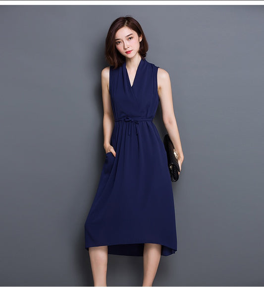 rachele レッドドレス (着丈 サイズオーダー可能) オーダーメイド ミディ丈ドレス ノースリーブドレス ウエストリボン ラップ風デザイン 美シルエット 体型補整 大人可愛い 高級感 セミフォーマル ホテルランチスタイル (ネイビー)