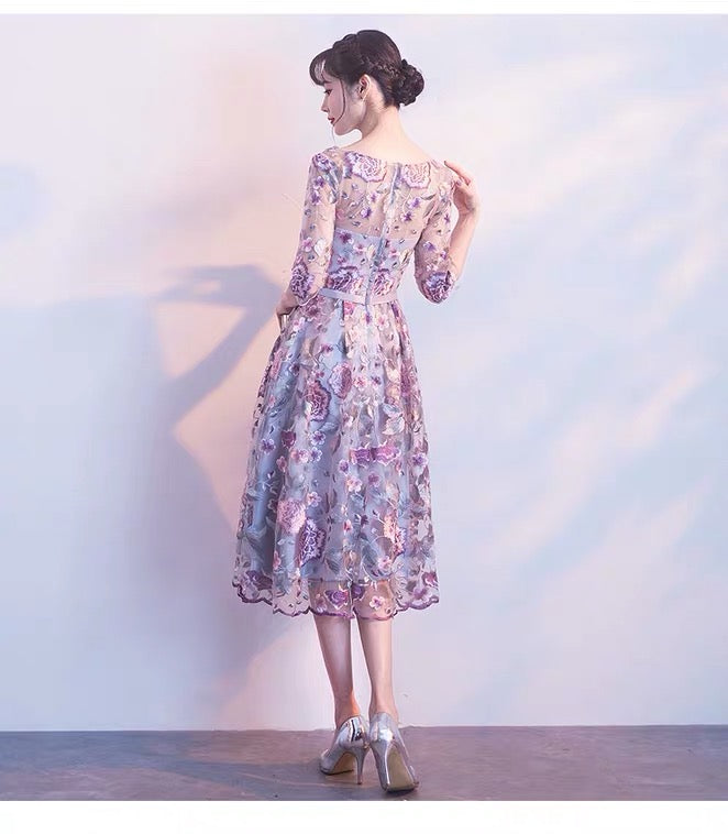 aaron ミディアムドレス パープル S M L XL XXL 即日発送 即納 結婚式 パーティードレス 体型カバー 小柄  ゆったり マタニティ ブラジャー 20代 30代 40代 50代 ブランド ワンピース シャンパン 夏 持ち運び