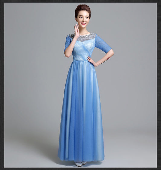 renata ロングドレス (着丈 サイズオーダー可能) オーダーメイド Aラインドレス サテンドレス 五分袖ドレス パールネックライン 体型補整 美シルエット 透明感 上質素材 高級感 ホテルディナー フォーマルシーン 日本人女性向け (水色)