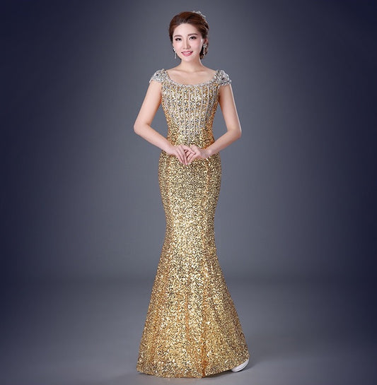 アルカドレス(ARUKA DRESS) alonza スパンコールドレス ロングドレス パーティードレス 結婚式 演奏会 ステージ衣装 オーダーメイド 着丈/サイズオーダー可 ビジュー刺繍 スレンダーライン シースルーネック 写真映え 高級感 (ゴールド)XS S M L XL XXL XXXL