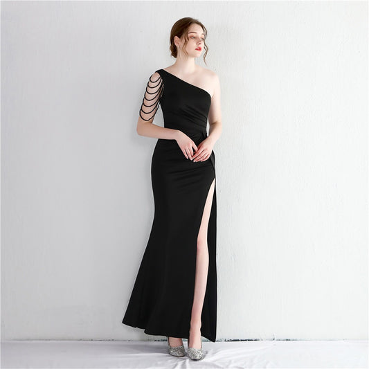 aurelia スリットドレス (着丈 サイズオーダー可能) オーダーメイド マーメイドドレス ワンショルダードレス ブラックドレス アームチェーン 美脚魅せ 体型補整 セクシーシルエット ホテルラウンジ 高級感 大人女性 (ブラック)