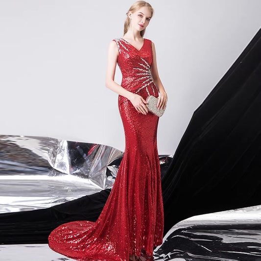 hermina マーメイドドレス (着丈 サイズオーダー可能) オーダーメイド ロングドレス ロイヤルブルードレス ビジュードレス 立体刺繍 スパンコール刺繍 美シルエット 体型補整 高級感 ステージ映え 特別な夜 フォーマルドレス (レッド)