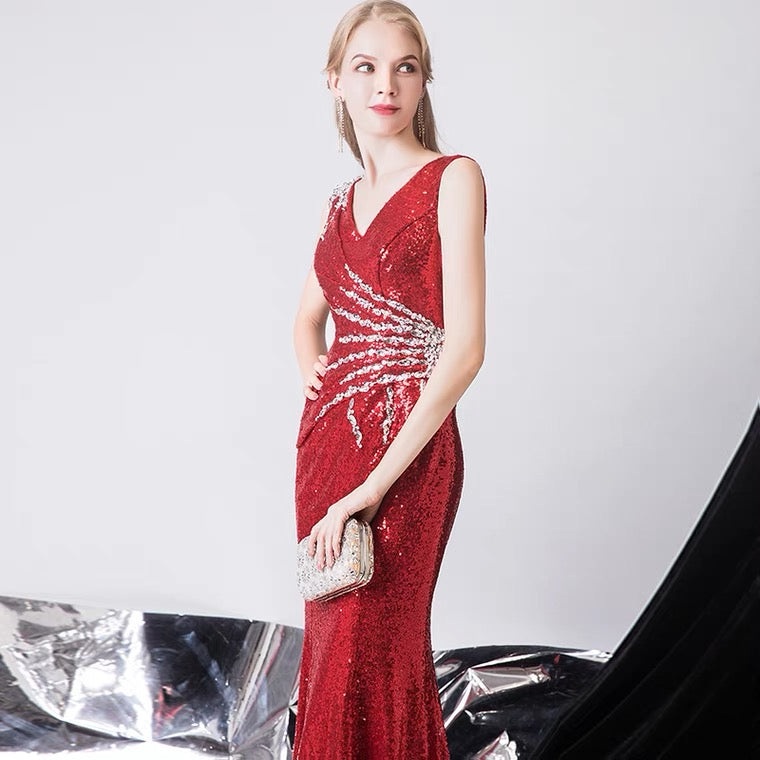 hermina マーメイドドレス (着丈 サイズオーダー可能) オーダーメイド ロングドレス ロイヤルブルードレス ビジュードレス 立体刺繍 スパンコール刺繍 美シルエット 体型補整 高級感 ステージ映え 特別な夜 フォーマルドレス (レッド)