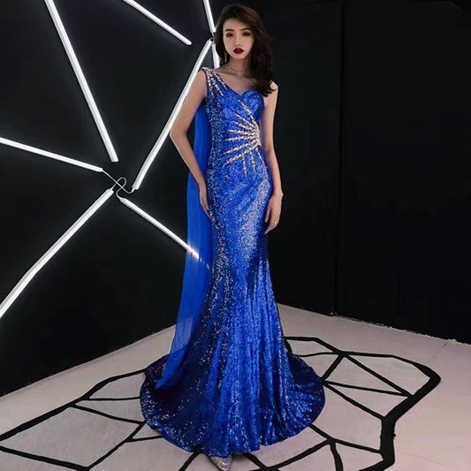 alzbeta マーメイドドレス (着丈 サイズオーダー可能) オーダーメイド ロングドレス スパンコールドレス ワンショルダードレス ロイヤルブルー ビジュー刺繍 美シルエット 体型補整 高級感 特別な夜 舞台照明 フォーマルシーン (ブルー)