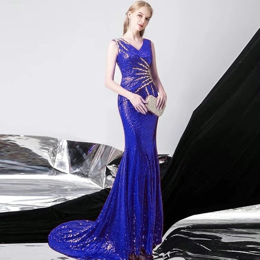 hermina マーメイドドレス (着丈 サイズオーダー可能) オーダーメイド ロングドレス ロイヤルブルードレス ビジュードレス 立体刺繍 スパンコール刺繍 美シルエット 体型補整 高級感 ステージ映え 特別な夜 フォーマルドレス (ブルー)