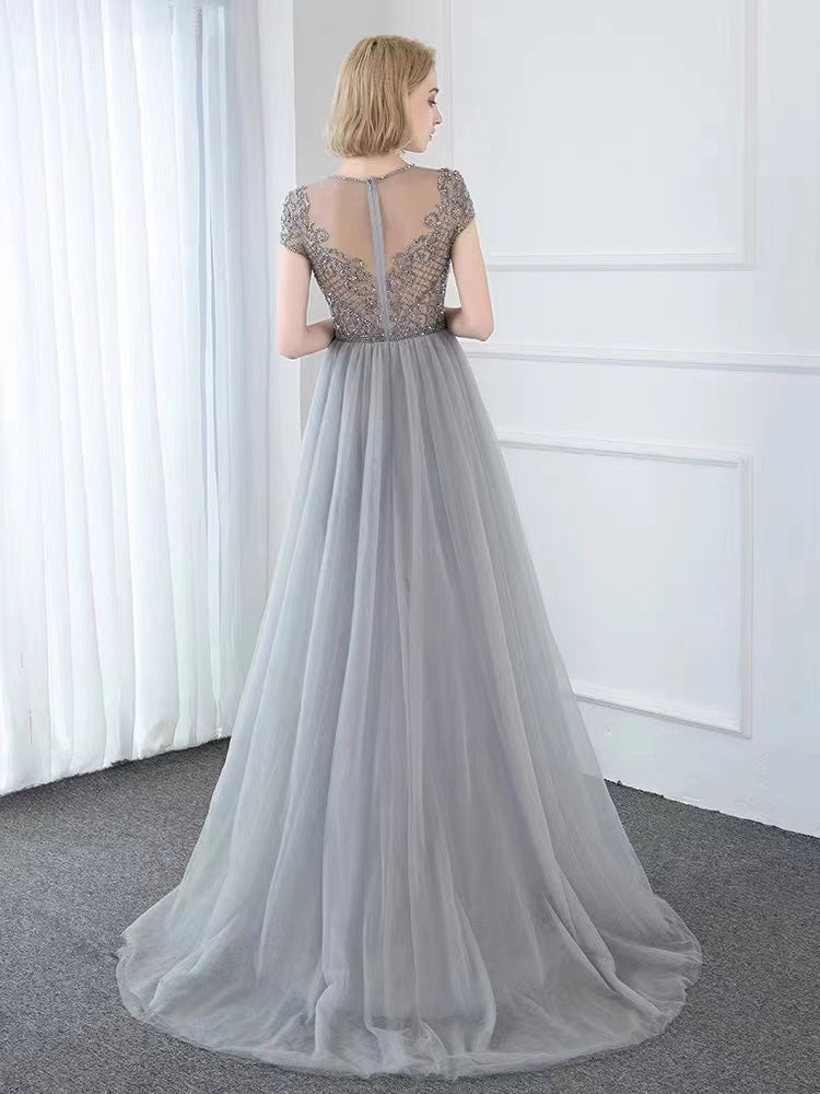 agata A(着丈 サイズオーダー可能) Aラインドレス ロングドレス ノースリーブドレス オーダーメイド 高級ドレス グレードレス フォーマルドレス パーティードレス 結婚式 演奏会 二次会 高級ホテル ラウンジ シャンデリア ビジュー チュール シフォン 上質素材 フレアライン 美シルエット 大人女性 気品 透明感 洗練 主役級存在感 日本人女性 (グレー)XS S M L XL XXL XXXL