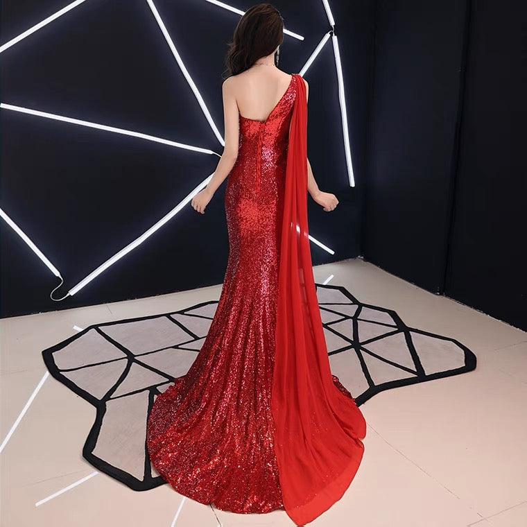 alzbeta マーメイドドレス (着丈 サイズオーダー可能) オーダーメイド ロングドレス スパンコールドレス ワンショルダードレス ロイヤルブルー ビジュー刺繍 美シルエット 体型補整 高級感 特別な夜 舞台照明 フォーマルシーン (ブルー)