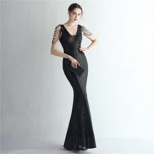 barbara スパンコールドレス (着丈 サイズオーダー可能) オーダーメイド マーメイドドレス ロングドレス 深Vネック ヌーディベージュドレス ノースリーブドレス 体型補整 曲線美 輝きの余韻 クラッチバッグ映え ホテルラウンジ 高級感 大人エレガンス (ブラック)