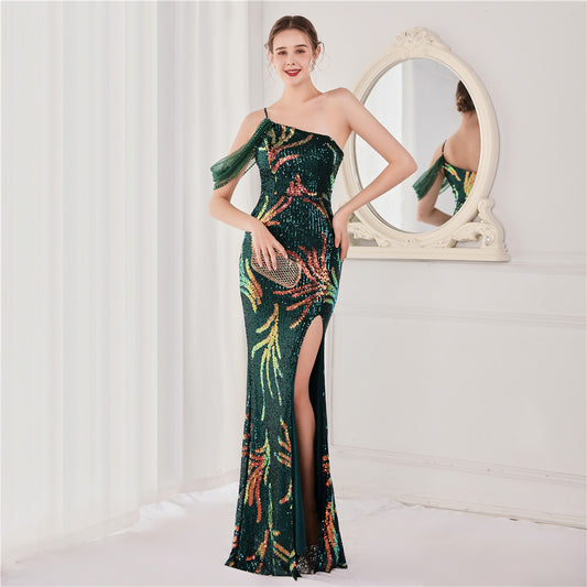 susanna スリットドレス (着丈 サイズオーダー可能) オーダーメイド マーメイドドレス ロングドレス ワンショルダードレス スパンコール刺繍 ブラックドレス 体型補整 美シルエット 煌めき 非日常感 ホテルディナー 演奏会 高級感 (グリーン)