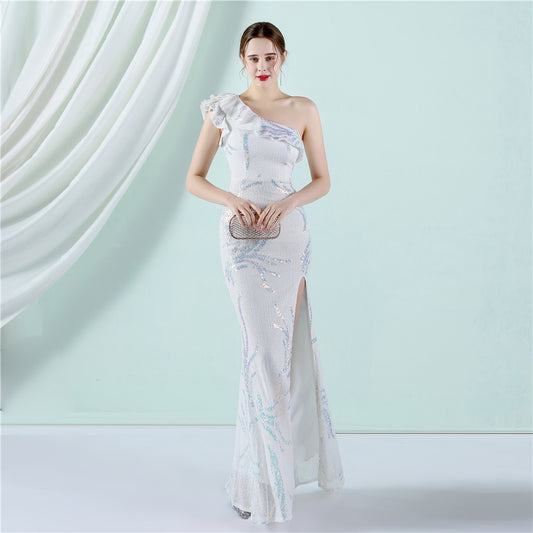 aleksi ワンショルダードレス (着丈 サイズオーダー可能) オーダーメイド マーメイドドレス スリットドレス バーガンディドレス グリッター刺繍 美脚魅せ 体型補整 アシンメトリーデザイン フォーマルスタイル 高級感 演奏会 (ホワイト)