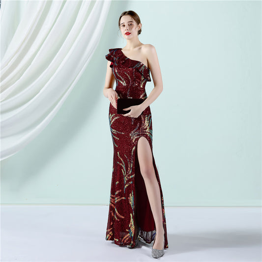 アルカドレス(ARUKA DRESS) aleksi オーダーメイド(着丈/サイズ可) マーメイドロング ワンショル スリット スパンコール刺繍 結婚式/二次会 大きいサイズ(ワインレッド)XS S M L XL XXL XXXL