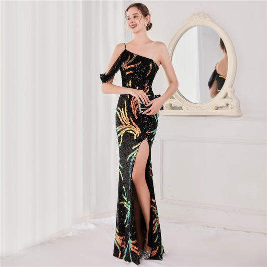 susanna スリットドレス (着丈 サイズオーダー可能) オーダーメイド マーメイドドレス ロングドレス ワンショルダードレス スパンコール刺繍 ブラックドレス 体型補整 美シルエット 煌めき 非日常感 ホテルディナー 演奏会 高級感 (ネイビー)