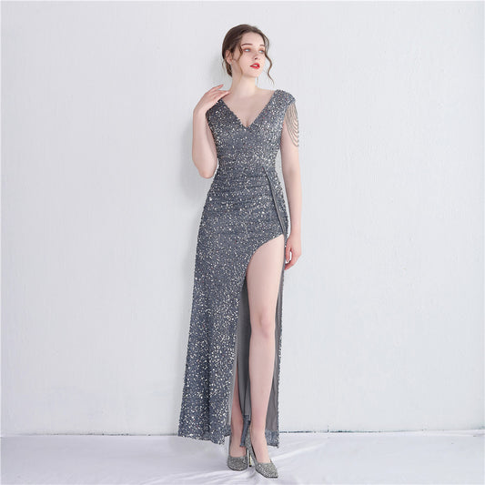 hannes スリットドレス (着丈 サイズオーダー可能) オーダーメイド マーメイドドレス ロングドレス Vネックドレス ボルドードレス スパンコール装飾 フリンジショルダー 体型補整 美脚魅せ 高級感 演奏会 ラグジュアリー (グレー)