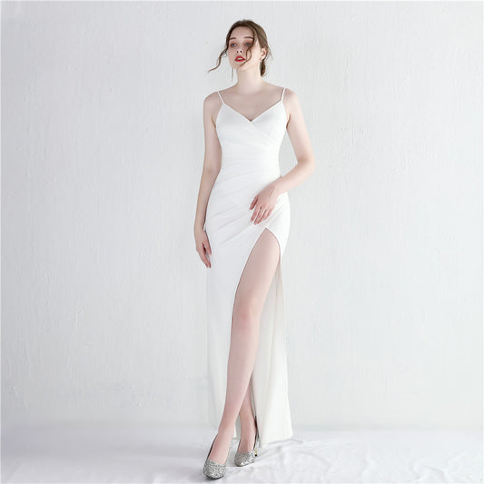 herkko スリットドレス (着丈 サイズオーダー可能) オーダーメイド ブラックドレス マーメイドドレス ロングドレス キャミドレス 美脚ライン 体型補整 高級感 フォーマル ナイトパーティー ホテルラウンジ セクシーエレガンス 大人女性 (ホワイト)