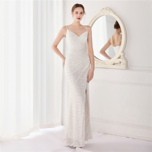 lavrenty スパンコールドレス (着丈 サイズオーダー可能) オーダーメイド スリットドレス ロングドレス キャミソールドレス マーメイドシルエット 体型補整 美スタイル 艶やかライン フォーマルナイト ホテルラウンジ 大人女性 高級感 ラグジュアリー (ホワイト)