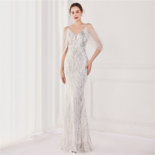 theresa マーメイドドレス (着丈 サイズオーダー可能) オーダーメイド ロングドレス ドレープスリーブドレス スパンコールドレス ブラックドレス Vネック 美シルエット 体型補整 炎のような輝き 演奏会 ホテルラウンジ 高級感 ラグジュアリー (ホワイト)