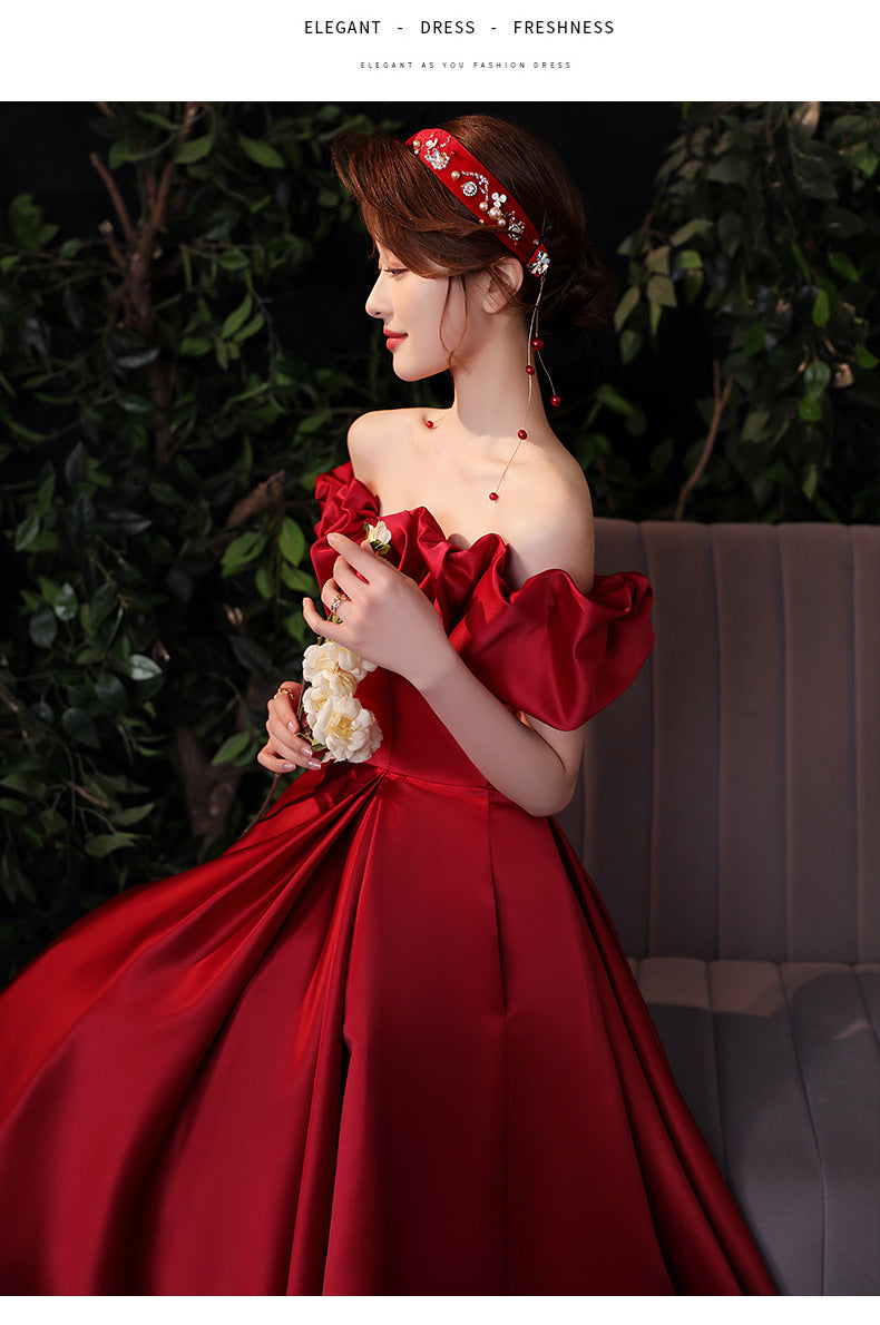 arabelle (着丈 サイズオーダー可能) Aラインドレス ロングドレス オーダーメイド レッド ボルドー ワインレッド オフショルダー チュールドレス サテン切替 揺れ感 縦ライン美 細見えシルエット 気品 主役オーラ クラシックホテル 大階段 シャンデリア 夜会 晩餐会 フォーマル ラグジュアリードレス (レッド)XS S M L XL XXL XXXL