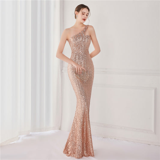 armas マーメイドドレス (着丈 サイズオーダー可能) オーダーメイド ロングドレス スパンコールドレス ワンショルダードレス スリムフィット 体型補整 美シルエット 透明感 静かな華やぎ 上質素材 高級感 フォーマルドレス ホテルディナー 演奏会 大人女性 (ゴールド)