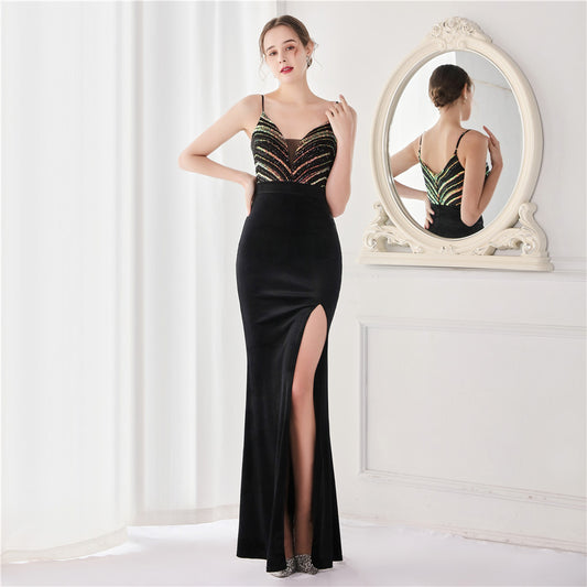 artturi スリットドレス (着丈 サイズオーダー可能) オーダーメイド マーメイドドレス ロングドレス ベルベットドレス キャミソールドレス 体型補整 美シルエット 深Vライン 色気と品格 大人上品 高級感 特別な夜 レセプション (ブラック)