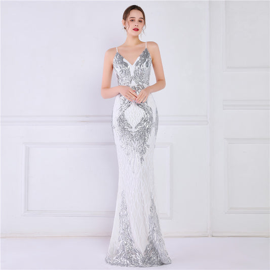 kirovna マーメイドドレス (着丈 サイズオーダー可能) オーダーメイド ロングドレス スパンコールドレス ブラックドレス キャミドレス 深Vネック アート装飾 体型補整 美シルエット ホテルラウンジ 演奏会 高級感 ラグジュアリー (ホワイト)