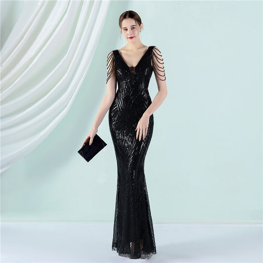aappo スパンコールドレス (着丈 サイズオーダー可能) ロングドレス マーメイドライン Vネックドレス チェーンスリーブ オーダーメイド対応 体型補整 ラグジュアリー 演奏会 フォーマル (ブラック)