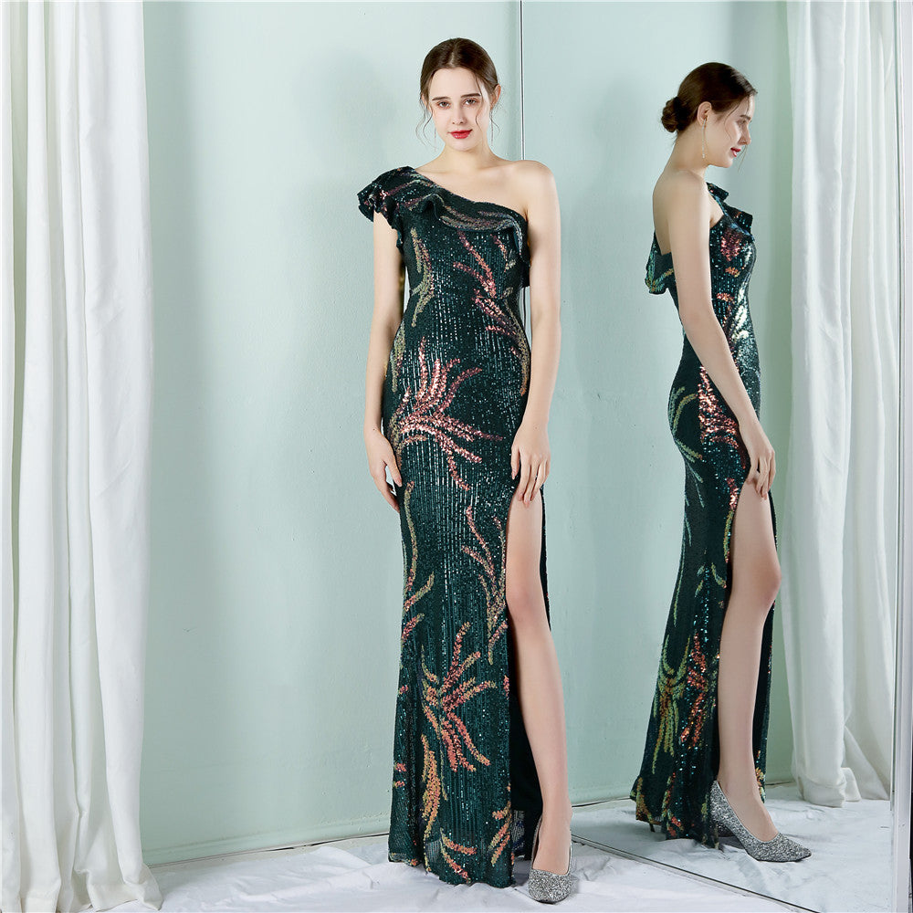 aleksi ワンショルダードレス (着丈 サイズオーダー可能) オーダーメイド マーメイドドレス スリットドレス バーガンディドレス グリッター刺繍 美脚魅せ 体型補整 アシンメトリーデザイン フォーマルスタイル 高級感 演奏会 (グリーン)