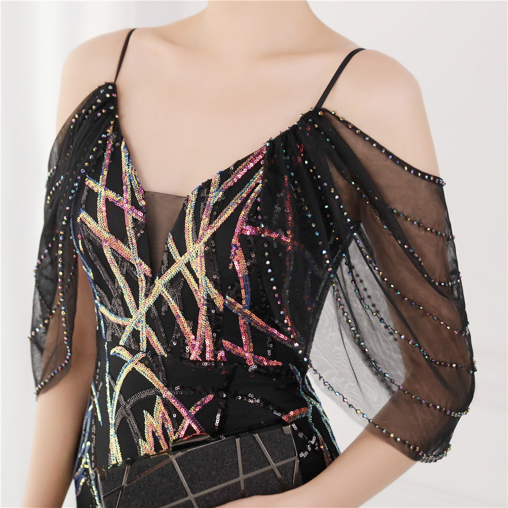 theresa マーメイドドレス (着丈 サイズオーダー可能) オーダーメイド ロングドレス ドレープスリーブドレス スパンコールドレス ブラックドレス Vネック 美シルエット 体型補整 炎のような輝き 演奏会 ホテルラウンジ 高級感 ラグジュアリー (ブラック)