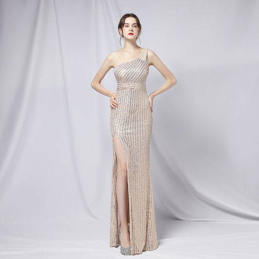 azretovna スリットドレス (着丈 サイズオーダー可能) オーダーメイド ワンショルダードレス ロングドレス グリッタードレス マーメイドライン 体型補整 美シルエット 煌めき素材 ホテルラウンジ レセプション 高級感 ラグジュアリー (ゴールド)
