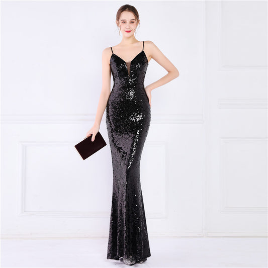 arhippa マーメイドドレス (着丈 サイズオーダー可能) オーダーメイド ロングドレス スパンコールドレス キャミソールドレス Vネック スリムフィット 美シルエット 体型補整 高級感 透明感 静かな華やぎ フォーマルドレス ホテルディナー 演奏会 大人女性 (ブラック)