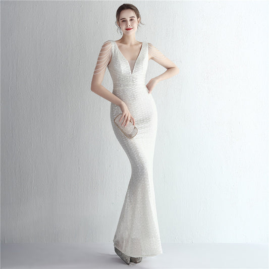 barbara スパンコールドレス (着丈 サイズオーダー可能) オーダーメイド マーメイドドレス ロングドレス 深Vネック ヌーディベージュドレス ノースリーブドレス 体型補整 曲線美 輝きの余韻 クラッチバッグ映え ホテルラウンジ 高級感 大人エレガンス (ホワイト)