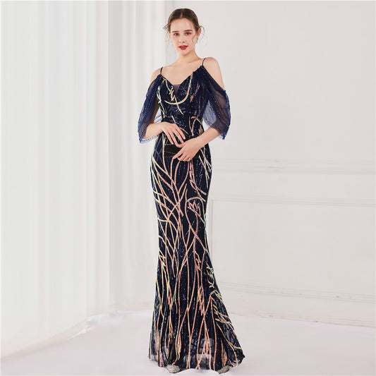 theresa マーメイドドレス (着丈 サイズオーダー可能) オーダーメイド ロングドレス ドレープスリーブドレス スパンコールドレス ブラックドレス Vネック 美シルエット 体型補整 炎のような輝き 演奏会 ホテルラウンジ 高級感 ラグジュアリー (ブラック)