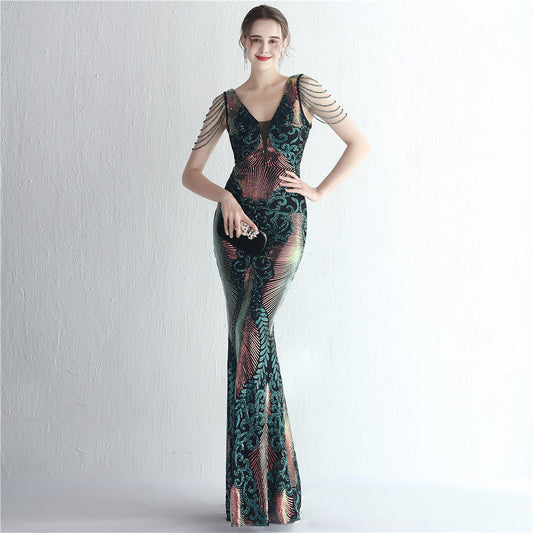 benoite マーメイドドレス (着丈 サイズオーダー可能) オーダーメイド エメラルドグリーン刺繍ドレス ヌードベース シースルーチュール 美シルエット ボディライン強調 上質素材 高級感 特別な夜に 大人セクシー ラグジュアリー (グリーン)