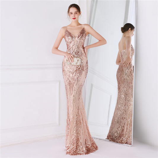アルカドレス(ARUKA DRESS) kirovna スパンコール ロングドレス オーダーメイド パーティードレス 結婚式 お呼ばれ 二次会 披露宴 体型カバー 大きいサイズ Vネック 袖なし (ローズゴールド)XS S M L XL XXL XXXL