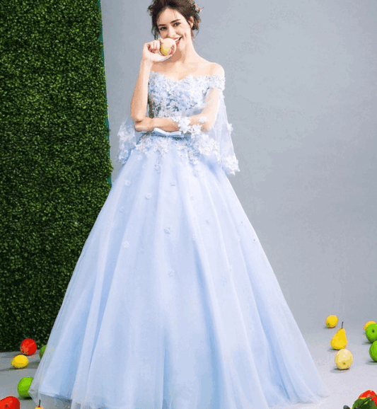 wisteria Aラインドレス (着丈 サイズオーダー可能) オーダーメイド ロングドレス チュールドレス レース刺繍 オフショルダー 上質素材 透明感 優美シルエット 体型補整 大人上品 ホテルラウンジ 特別な夜 フォーマル ラグジュアリー (水色)XS S M L XL XXL XXXL