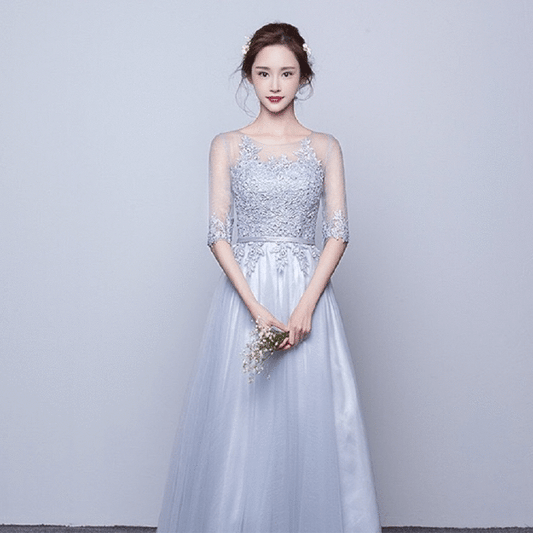 prune ロングドレス (着丈 サイズオーダー可能) オーダーメイド Aラインドレス チュールドレス レース刺繍ドレス シアースリーブ 透明感 体型補整 美シルエット 上質素材 静かな華やぎ 大人上品 特別な夜 ホテルディナー 日本人女性向け (グレー)