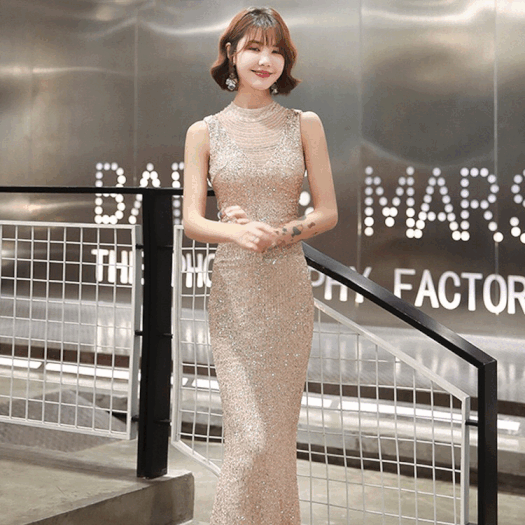 tanjam マーメイドドレス (着丈 サイズオーダー可能) オーダーメイド ロングドレス スパンコールドレス ハイネックドレス ノースリーブドレス 背中開きドレス 高級感 上質素材 ラグジュアリー 体型補整 美シルエット ホテルディナー 演奏会 パーティー 特別な夜 輝く大人女性 エレガントスタイル (ゴールド)XS S M L XL XXL XXXL