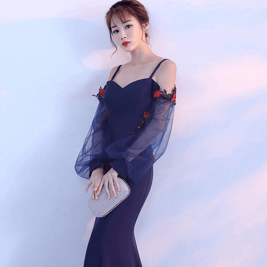 dana オーダーメイド (着丈 サイズオーダー可能) マーメイドドレス ロングドレス オフショルダー シフォンドレス 美ライン強調 体型補整 上質素材 透明感 静かな艶めき ホテルラウンジ 夜景ディナー 優美 ラグジュアリー 高級感 大人上品 (ネイビー)