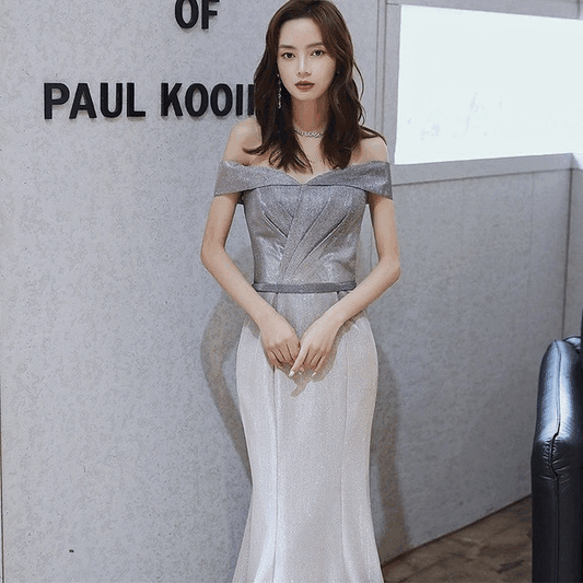 caroline マーメイドドレス グレー S M L XL 2XL 3XL 即日発送 即納 結婚式 パーティードレス 体型カバー 小柄  ゆったり マタニティ ブラジャー 20代 30代 40代 50代 ブランド ワンピース シャンパン 夏 持ち運び