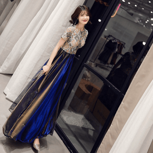 anitan (着丈 サイズオーダー可能) Aラインドレス ロングドレス オーダーメイド ネイビー ゴールド ビジュー装飾 チュールドレス サテン切替 ノースリーブ 立体感 揺れ感 縦ライン美 細見えシルエット 気品 女王オーラ クラシックホテル 大階段 シャンデリア 夜会 晩餐会 フォーマル ラグジュアリードレス (ネイビー)XS S M L XL XXL XXXL
