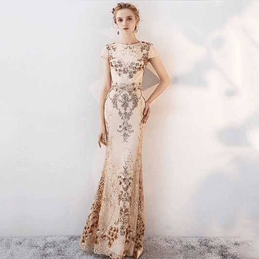 lepape (着丈 サイズオーダー可能) マーメイドドレス スリットドレス ロングドレス オーダーメイド 高級 ビジュー スパンコール 繊細装飾 シアー感 フィットシルエット 美ライン 透明感 大人の余裕 モードラグジュアリー スタジオ照明 非日常の輝き 晩餐会 ナイトパーティー 日本人女性 凛とした美しさ (ゴールド)XS S M L XL XXL XXXL