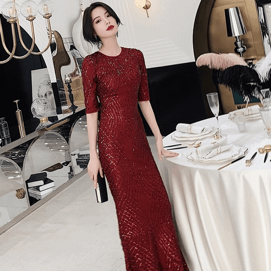 アルカドレス(ARUKA DRESS) doroth オーダーメイド(着丈・サイズ可) ボルドー スパンコールロングドレス 袖ありレース 結婚式/披露宴/二次会 パーティー 体型カバー 大きいサイズ ホテルレセプション 写真映え 主役級 (ボルドー)XS S M L XL XXL XXXL
