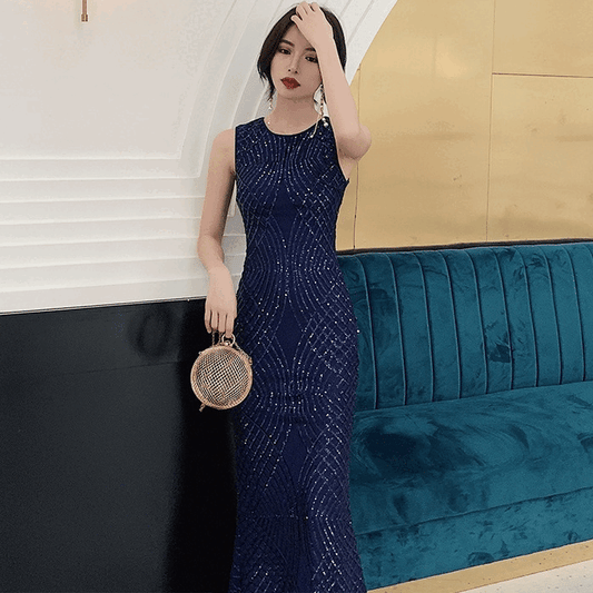 salom ネイビードレス ロングドレス (着丈 サイズオーダー可能) オーダーメイド スパンコール刺繍 ノースリーブドレス Iラインシルエット パーティードレス 結婚式 ワンピース ロング丈 袖あり レース 体型カバー お呼ばれ 二次会 披露宴 20代 30代 40代 大きいサイズ 知的グラマラス 透明感 上質素材 写真映え 高級空間対応 演奏会ステージ クラシカルシック 大人の夜会コーデ シンプルで印象的 背筋が伸びる美しさ (ネイビー)XS S M L XL XXL XXXL