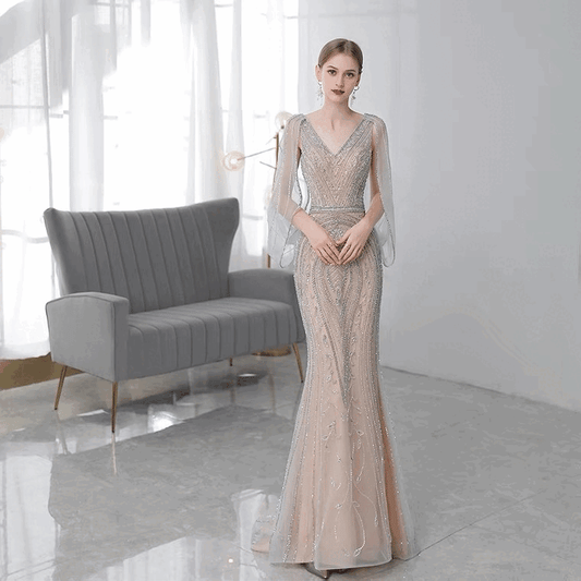豪華オールビジュードレス anselmo マーメイドドレス (着丈 サイズオーダー可能) オーダーメイド ロングドレス ビジュードレス Vネックドレス 袖ありドレス 上質素材 高級感 美シルエット 透明感 体型補整 大人上品 静かな華やぎ ホテルディナー 特別な夜 日本人女性 プレミアム ラグジュアリー エレガント パーティー フォーマル (ゴールド)