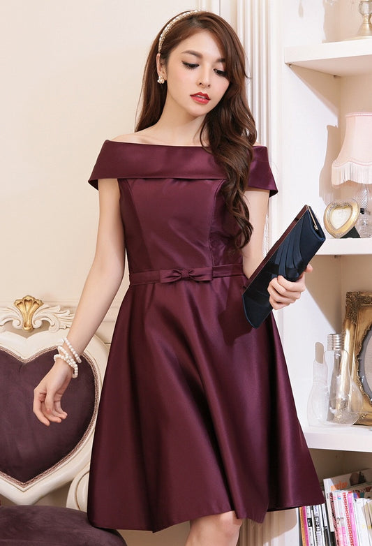 anemonea ミディ丈ドレス (着丈 サイズオーダー可能) オーダーメイド ネイビードレス オフショルダードレス サテンフレアドレス 光沢素材 体型補整 美シルエット 上質感 大人フェミニン ホテルディナー 清楚上品 (パープル)